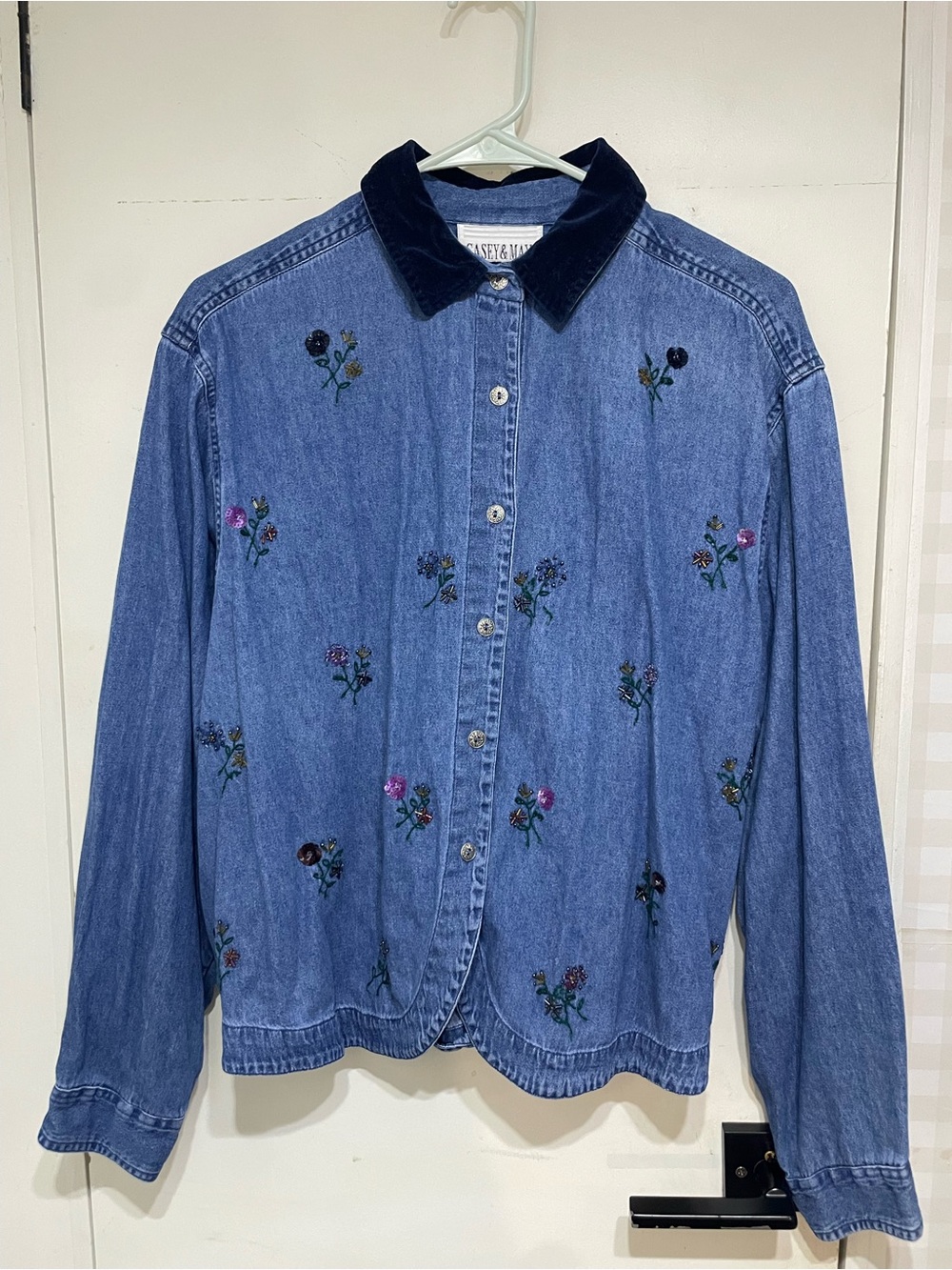 Vintage embroidered denim button up waist ties corduroy collar cottage granny XL